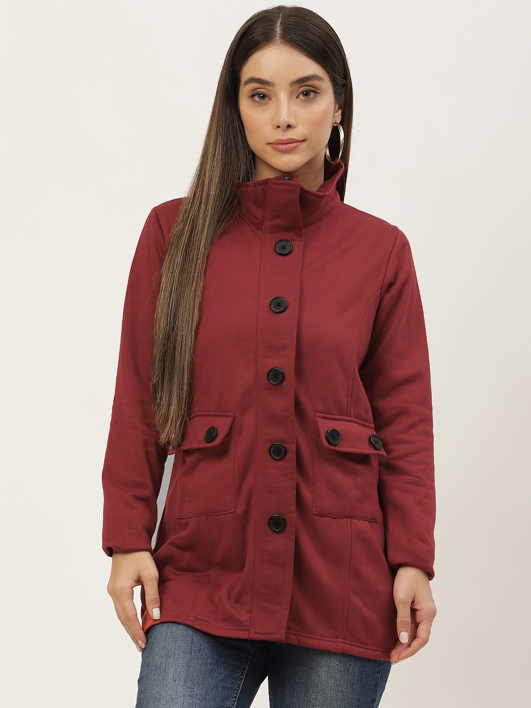 

Alsace Lorraine Paris Women Maroon Fleece Longline Overcoat