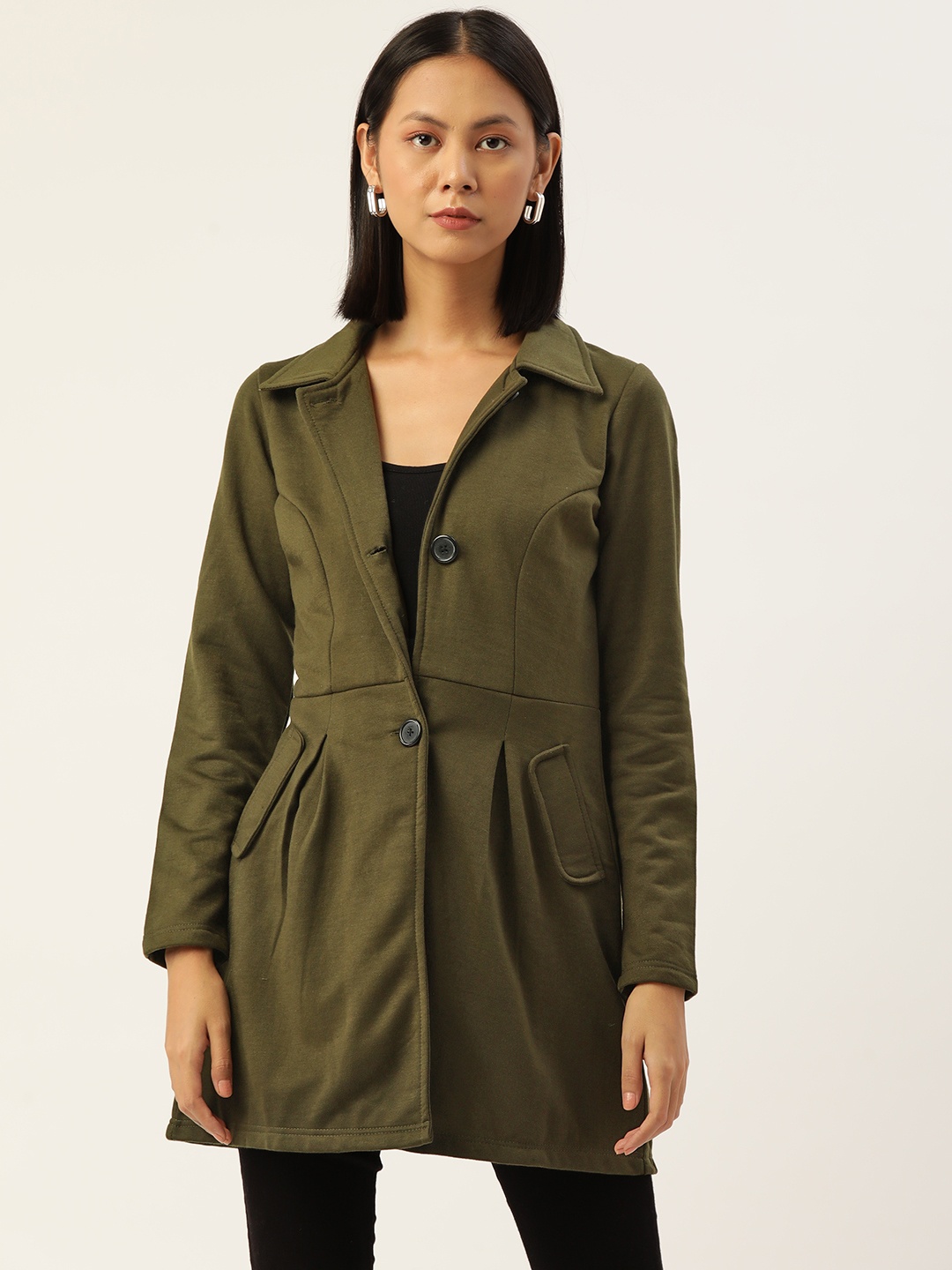 

Alsace Lorraine Paris Women Black Solid Longline Overcoat, Olive