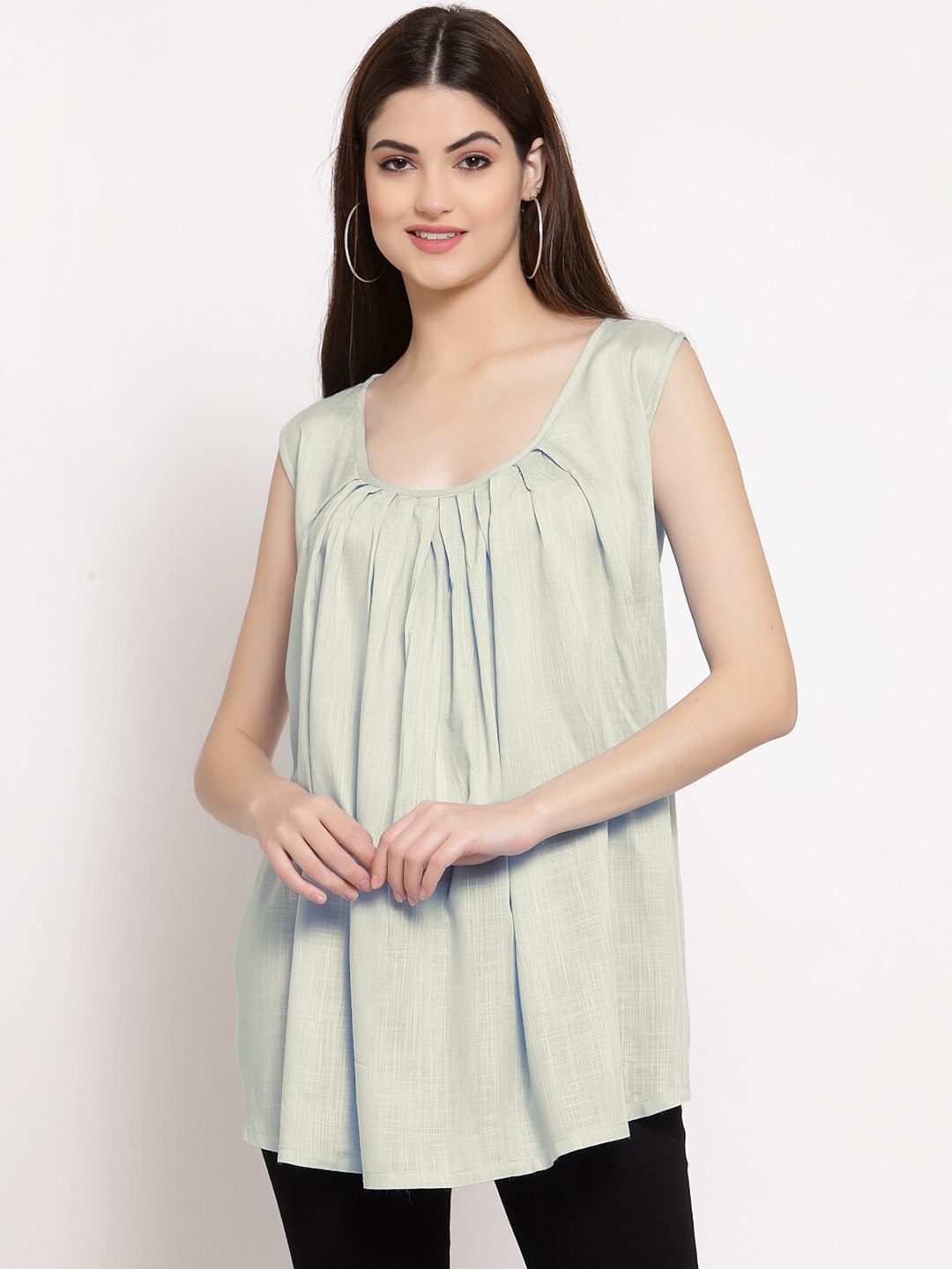 

PATRORNA Women Plus Size Beige Solid Pleated Top