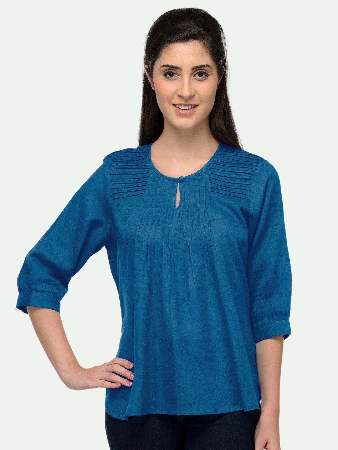 

PATRORNA Blue Keyhole Neck Top