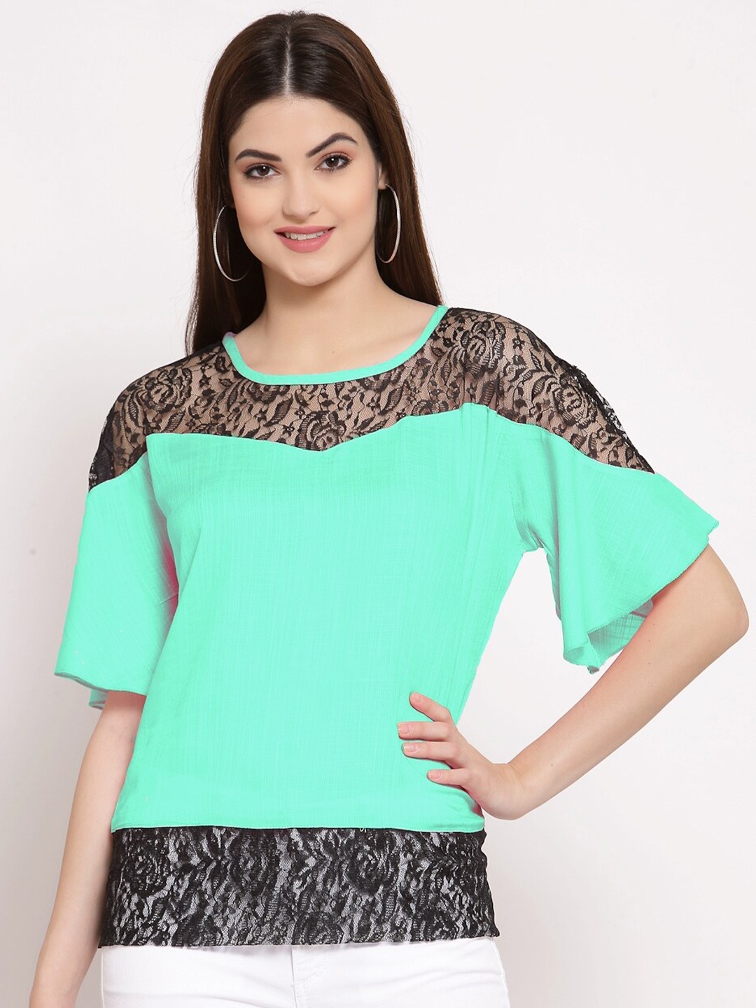 

PATRORNA Women Plus Size Sea Green Solid Raglan Sleeves Lace Detail Top
