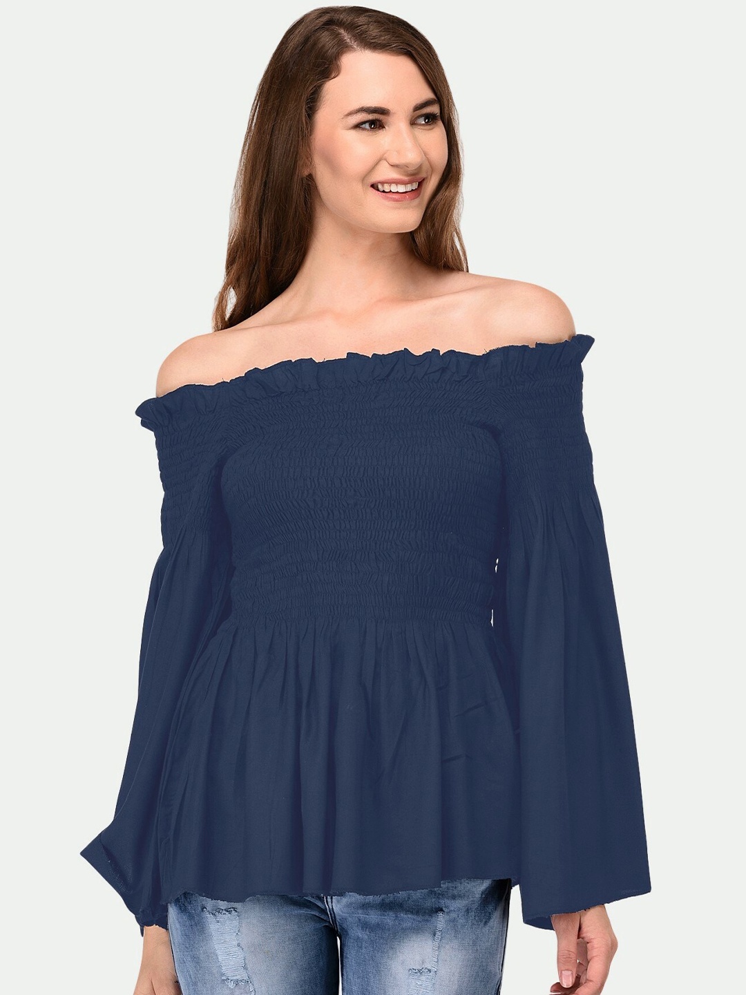 

PATRORNA Petrol Grey Off-Shoulder Peplum Top