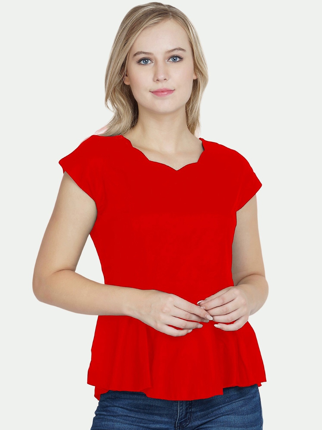 

PATRORNA Red Solid Peplum Top