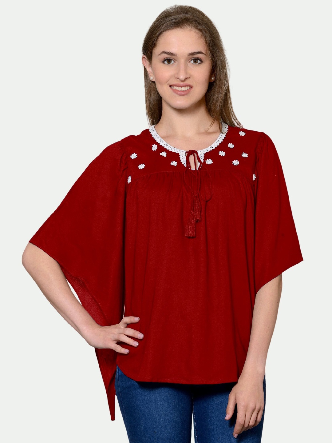 

PATRORNA Maroon Tie-Up Neck Kaftan Top