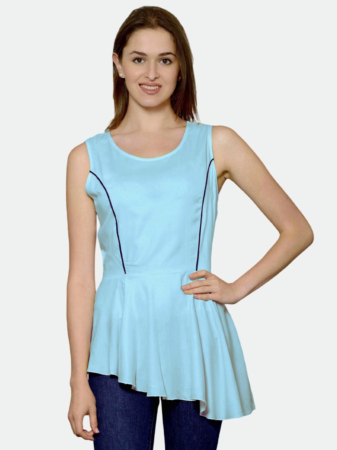 

PATRORNA Blue Solid Peplum Top