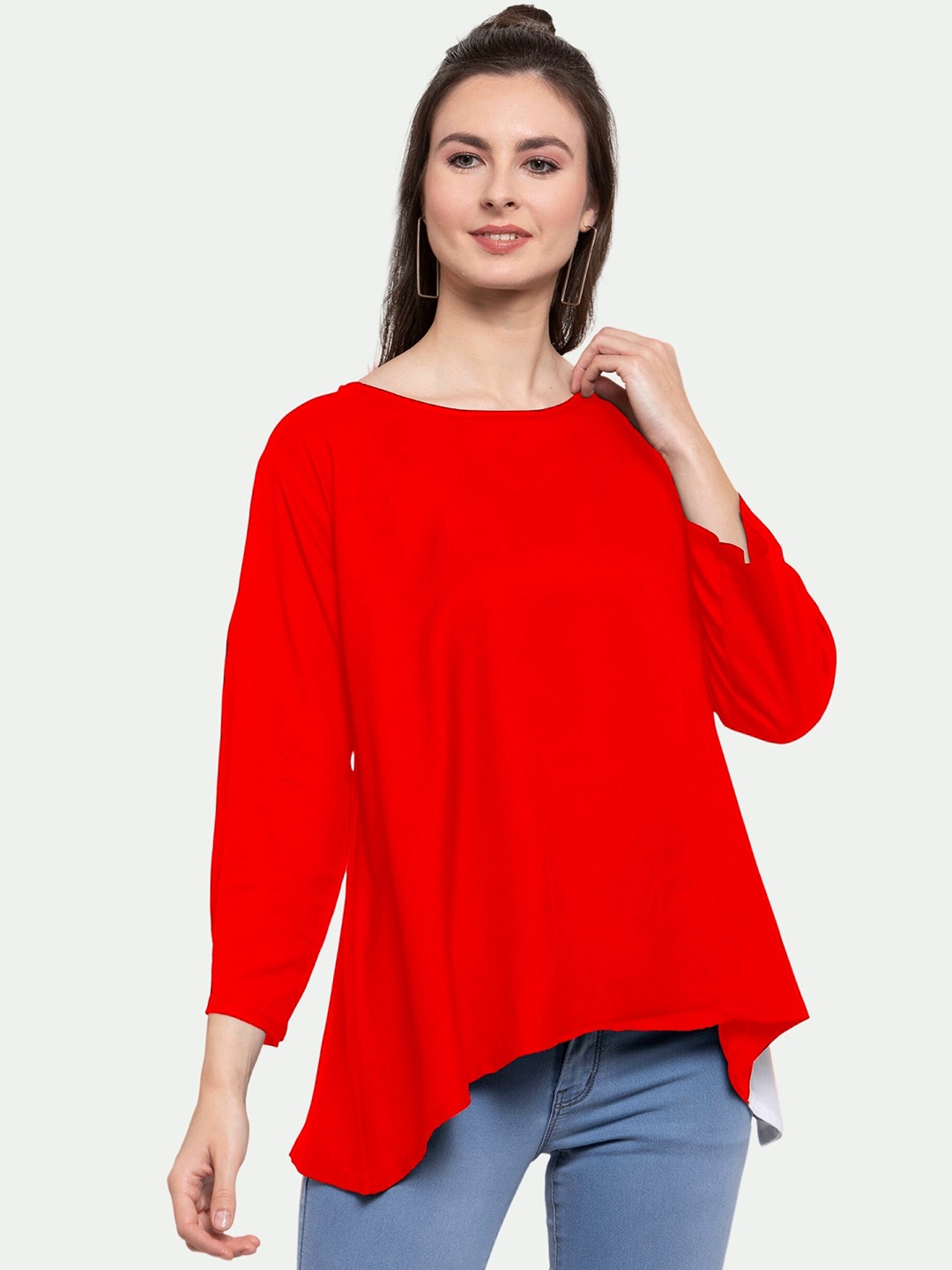 

PATRORNA Women Red & White Colourblocked High-Low Top