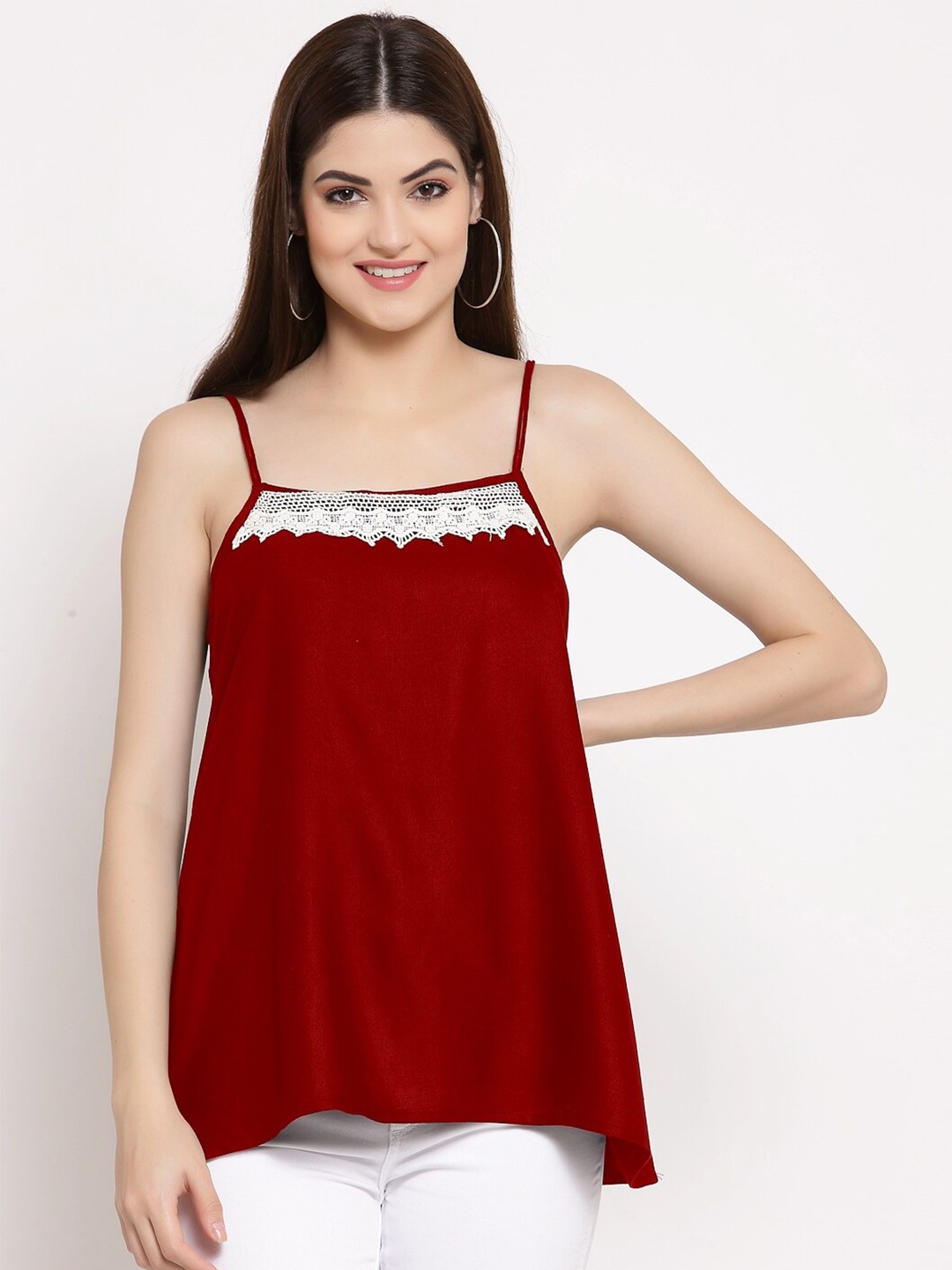 

PATRORNA Women Maroon & White Lace Inserted Asymmetrical A-line Top