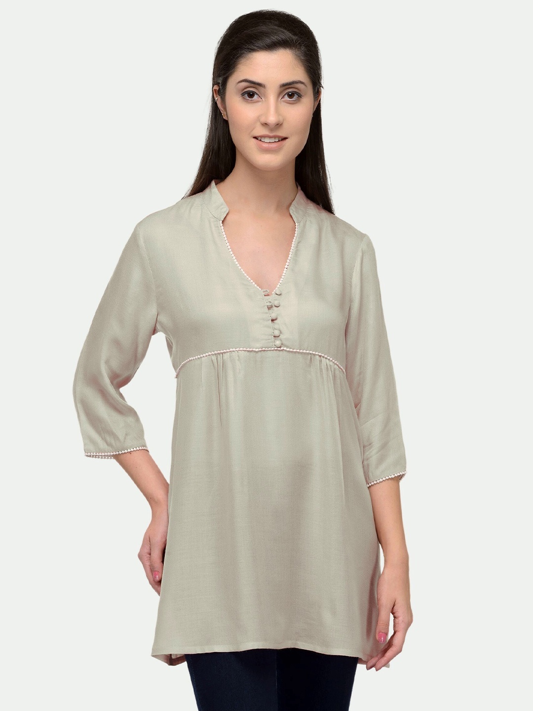 

PATRORNA Women Off White Solid Longline Top