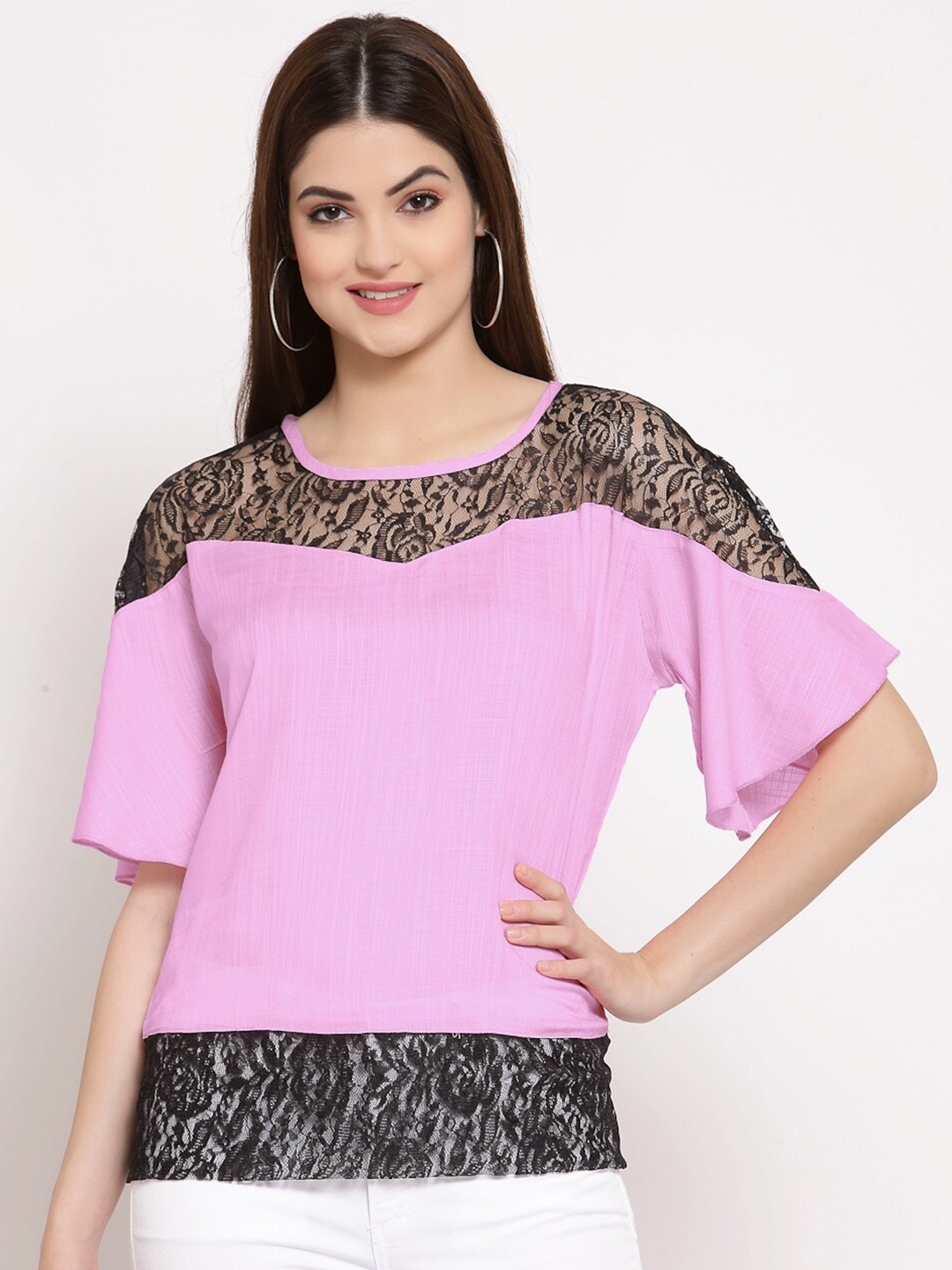 

PATRORNA Women Pink & Black Lace Detail Raglan Sleeves Top