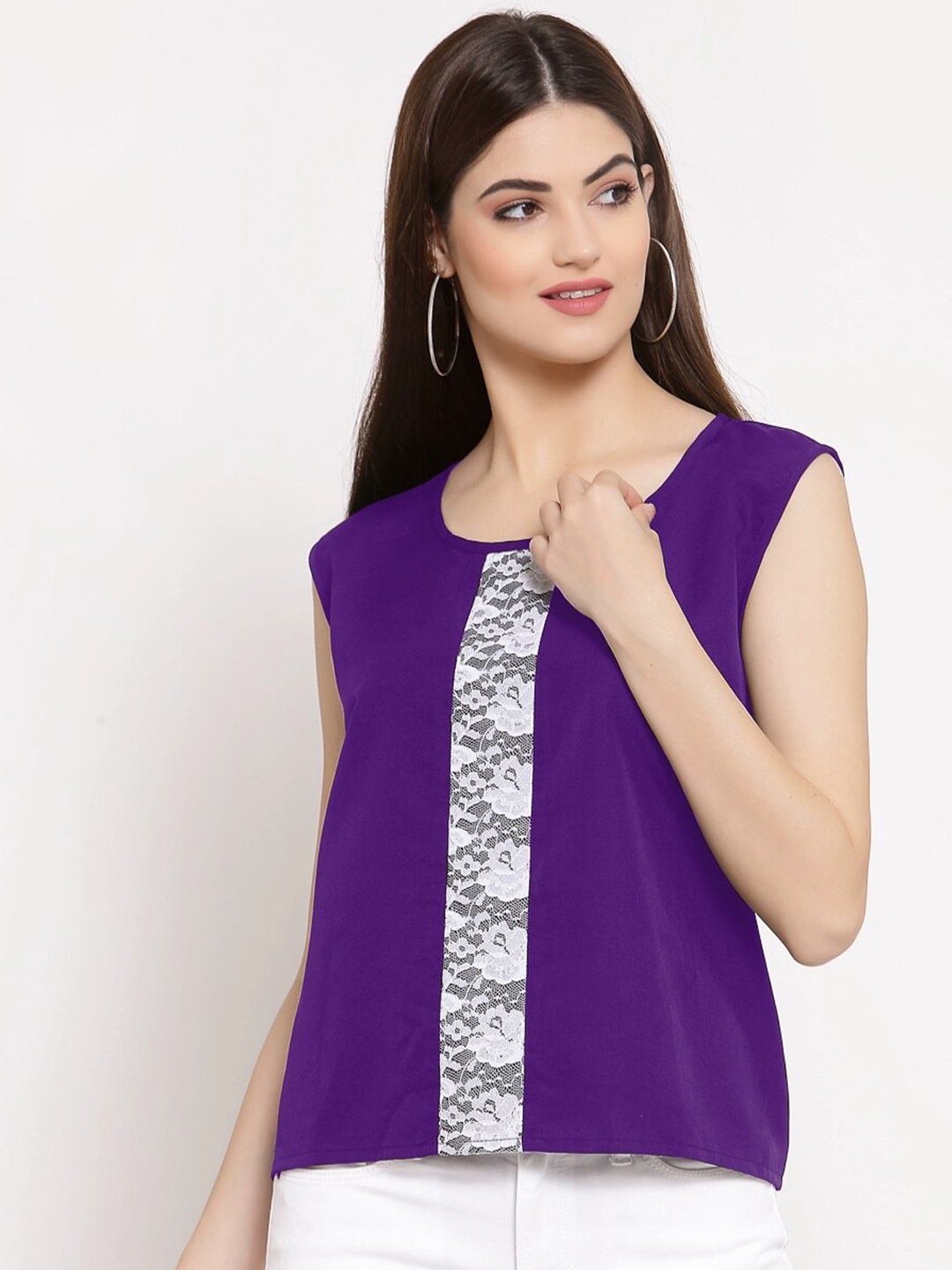 

PATRORNA Women Purple & White Solid Lace Detailed Regular Top