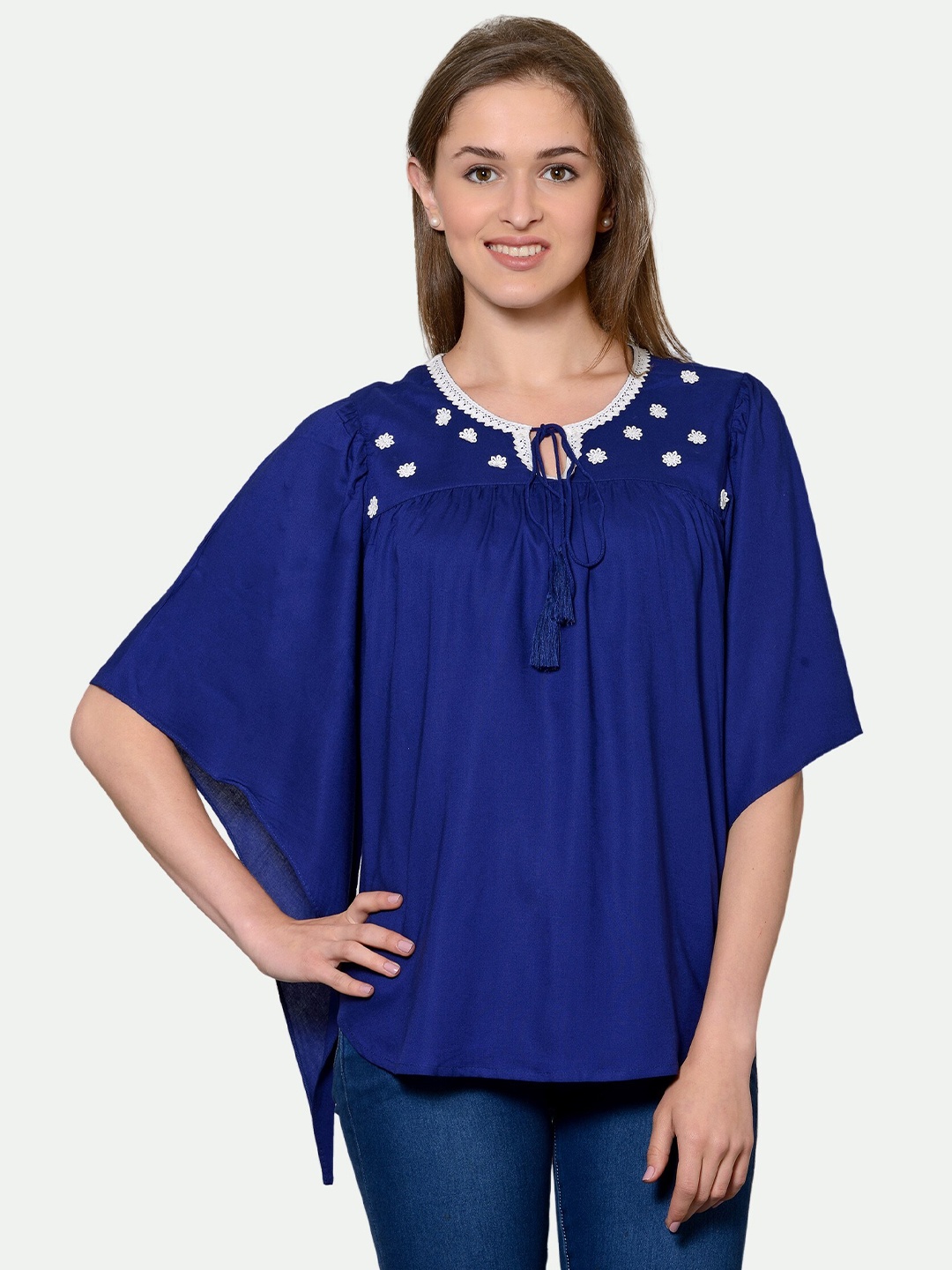

PATRORNA Women Tie-Up Neck Lace Insert Top, Blue