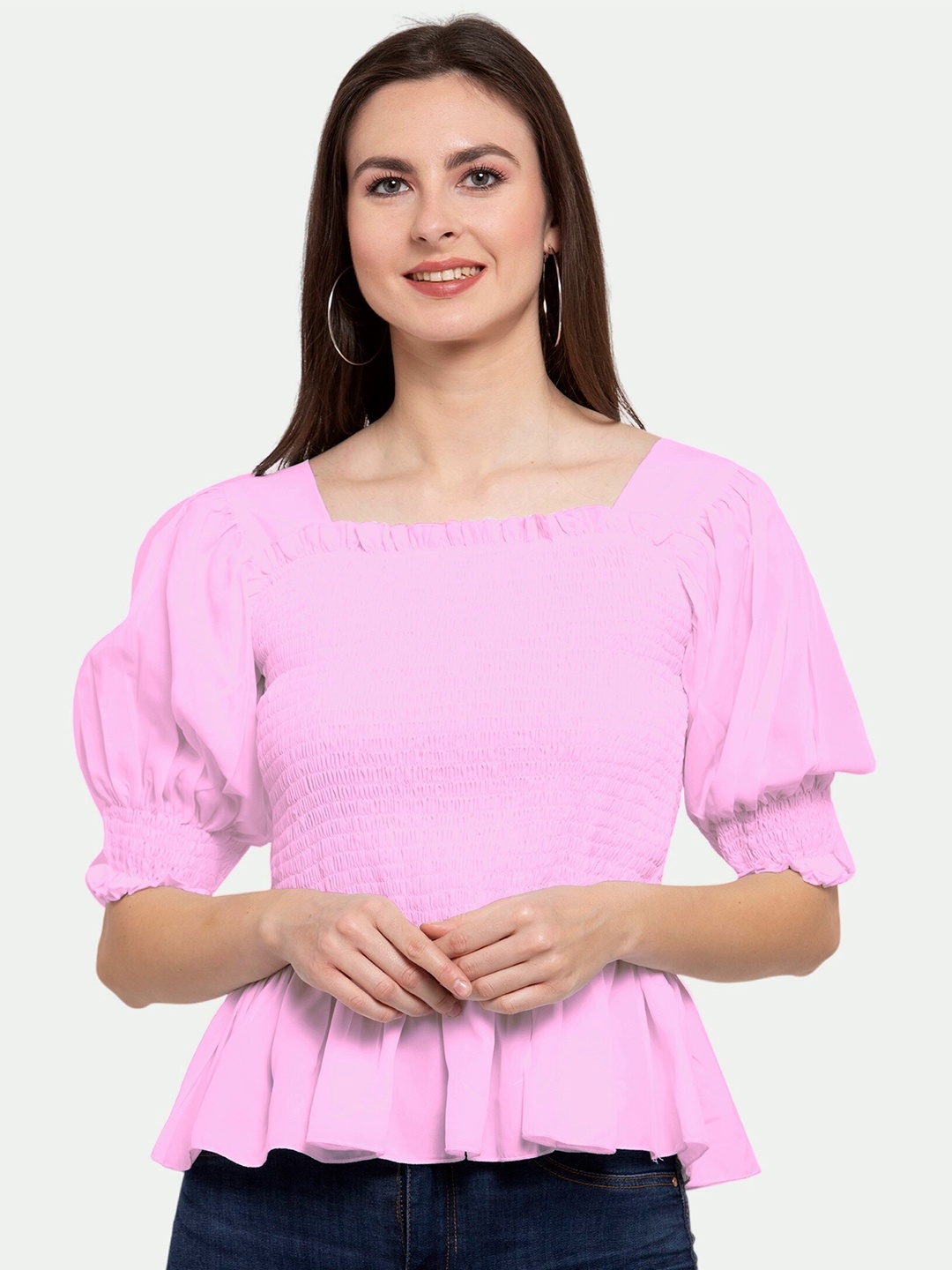 

PATRORNA Women Solid Smocked Peplum Top, Pink