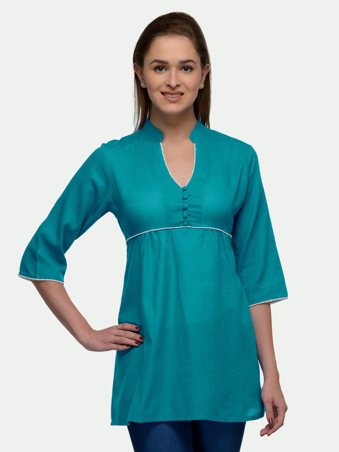 

PATRORNA Women Mandarin Collar Empire Longline Top, Green