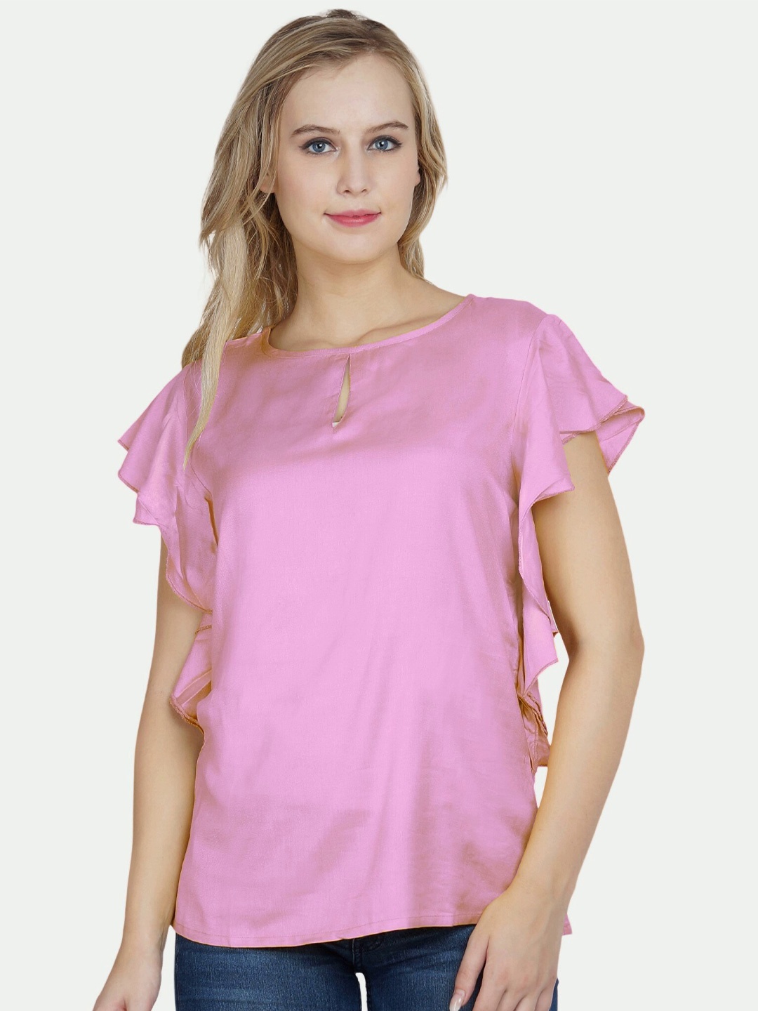 

PATRORNA Women Keyhole Neck Ruffles Top, Pink