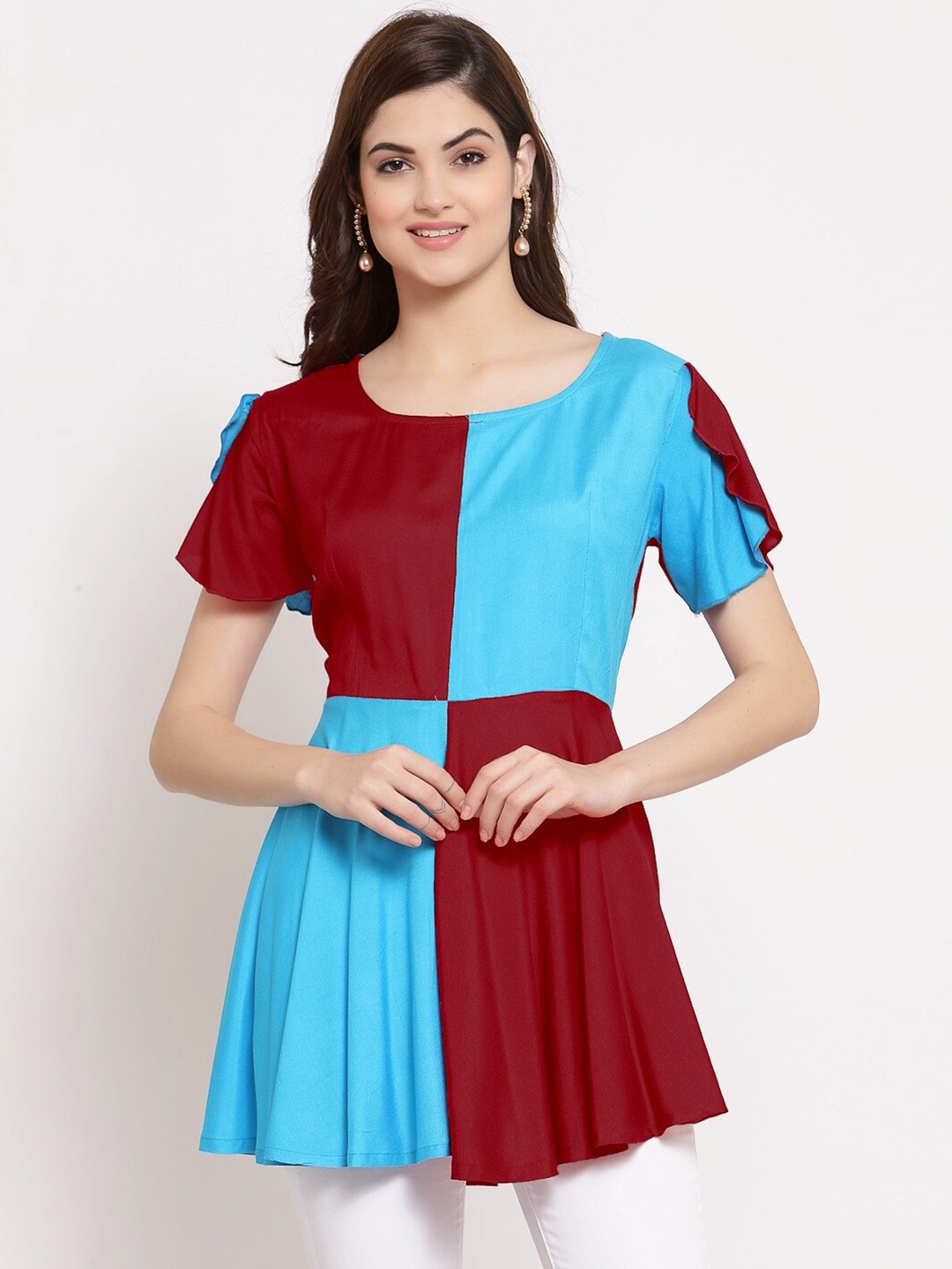 

PATRORNA Women Colourblocked Peplum Top, Maroon