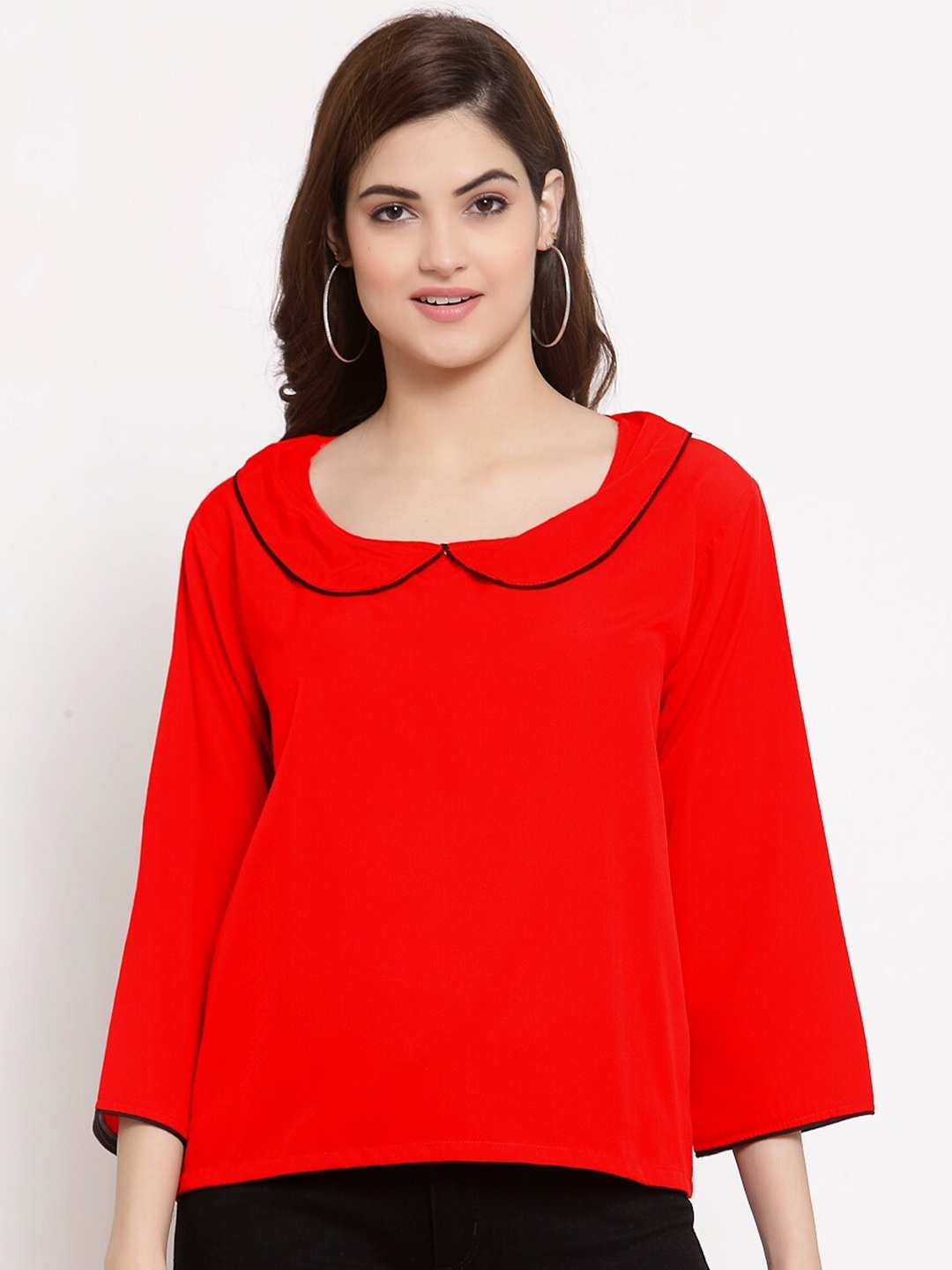 

PATRORNA Women Red & Black Peter Pan Collar Top