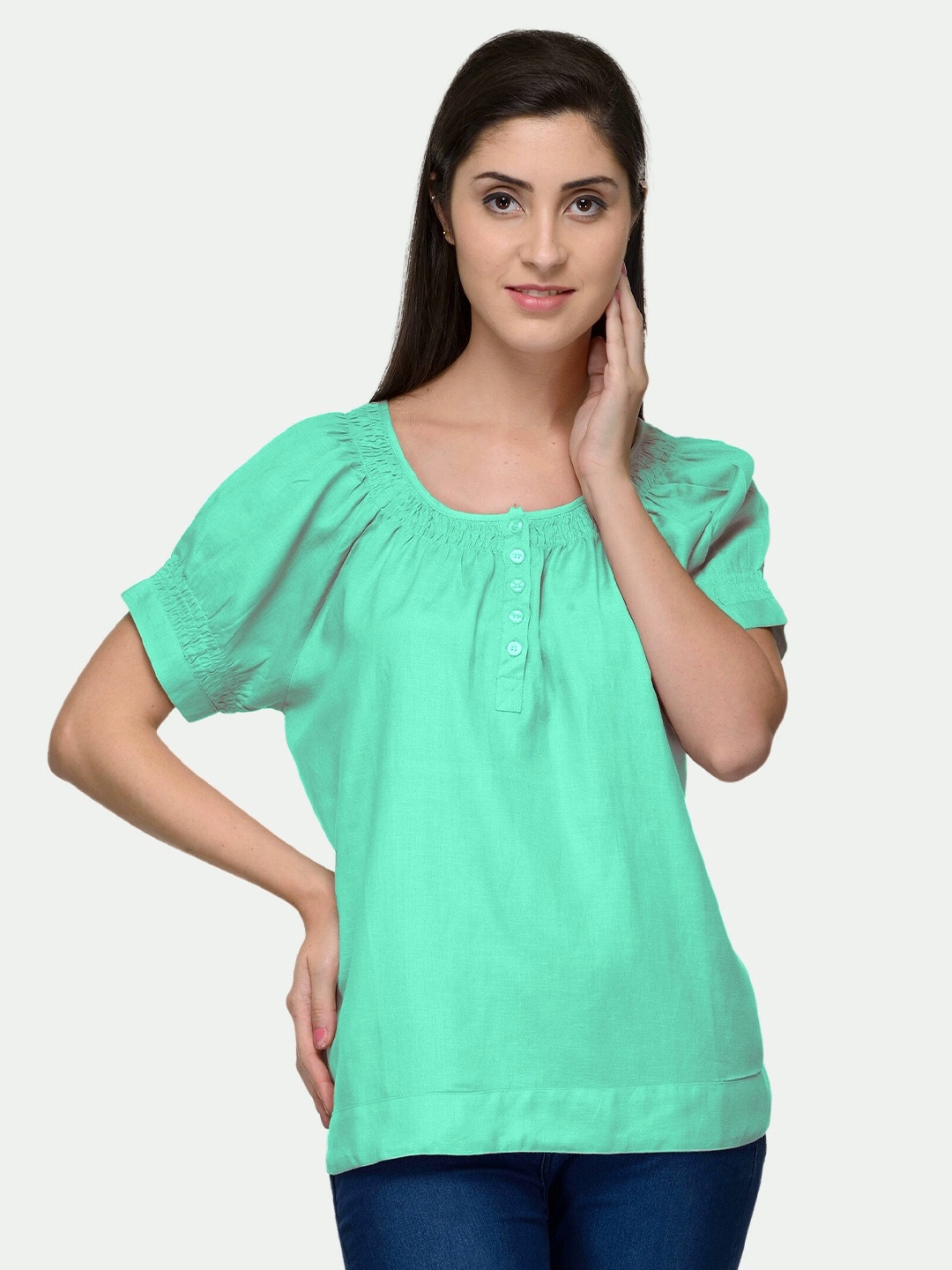 

PATRORNA Sea Green Plus Size Solid Blouson Top
