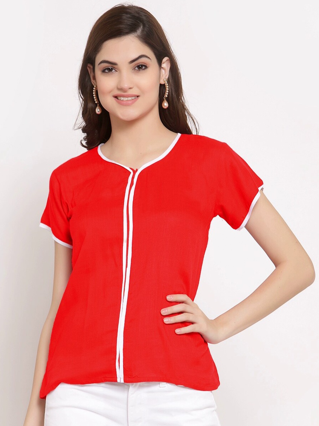 

PATRORNA Red & White Plus Size Regular Solid Top