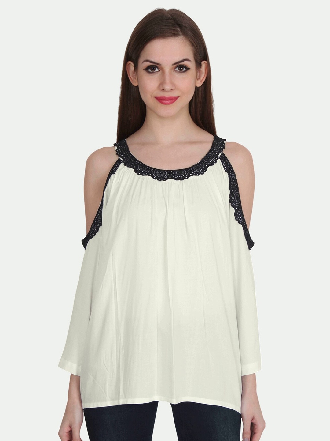 

PATRORNA Women Plus Size Off White & Black Solid Longline Top