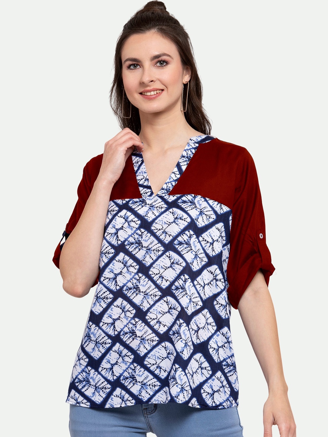 

PATRORNA Women Maroon & Blue Print Roll-Up Sleeves Top