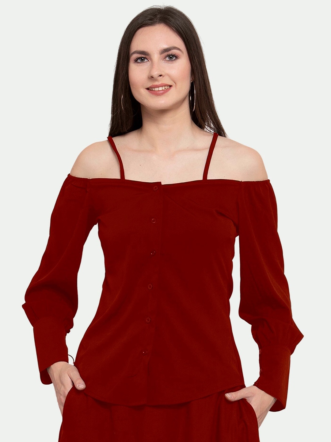 

PATRORNA Women Plus Size Maroon Off-Shoulder Shirt Style Top