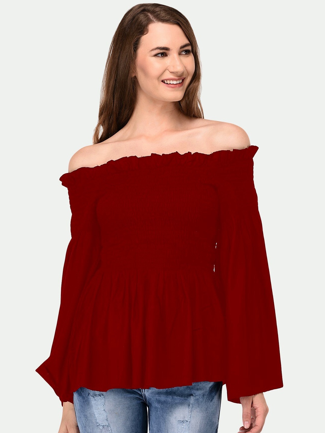 

PATRORNA Women Maroon Off-Shoulder Bardot Top