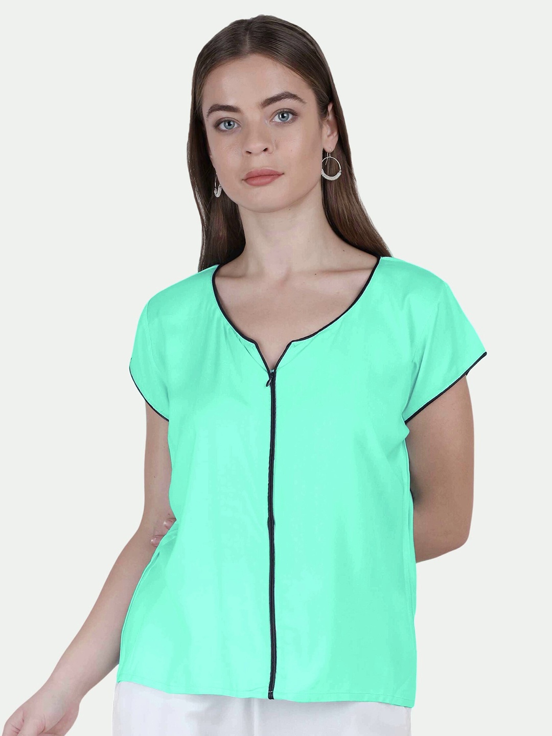 

PATRORNA Women Plus Size Sea Green & Black Solid Crop Top