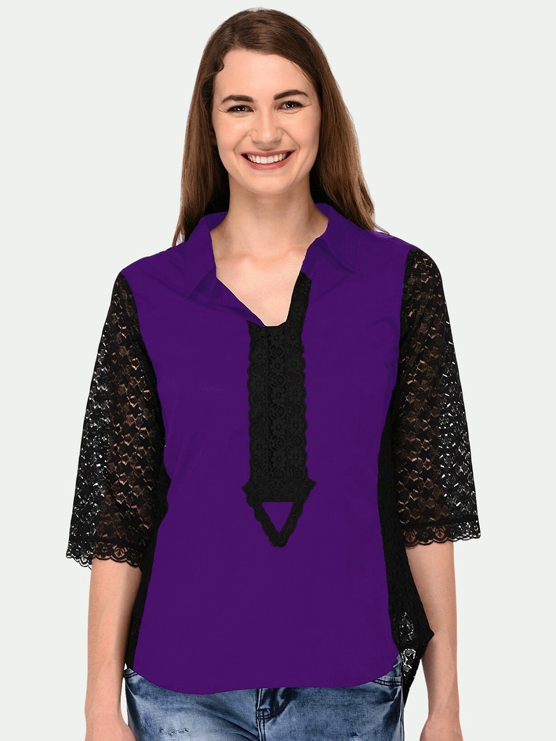 

PATRORNA Women Plus Size Purple & Black Solid Lace Top