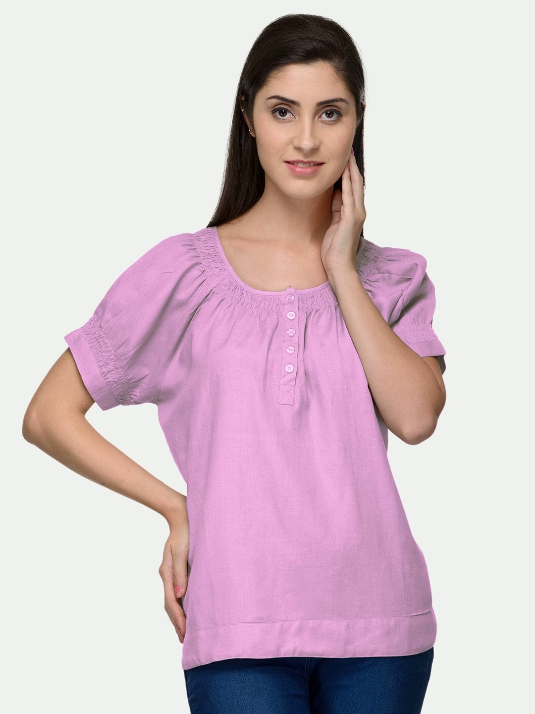 

PATRORNA Women Pink Round Neck Puff Sleeves Cotton Blend Top