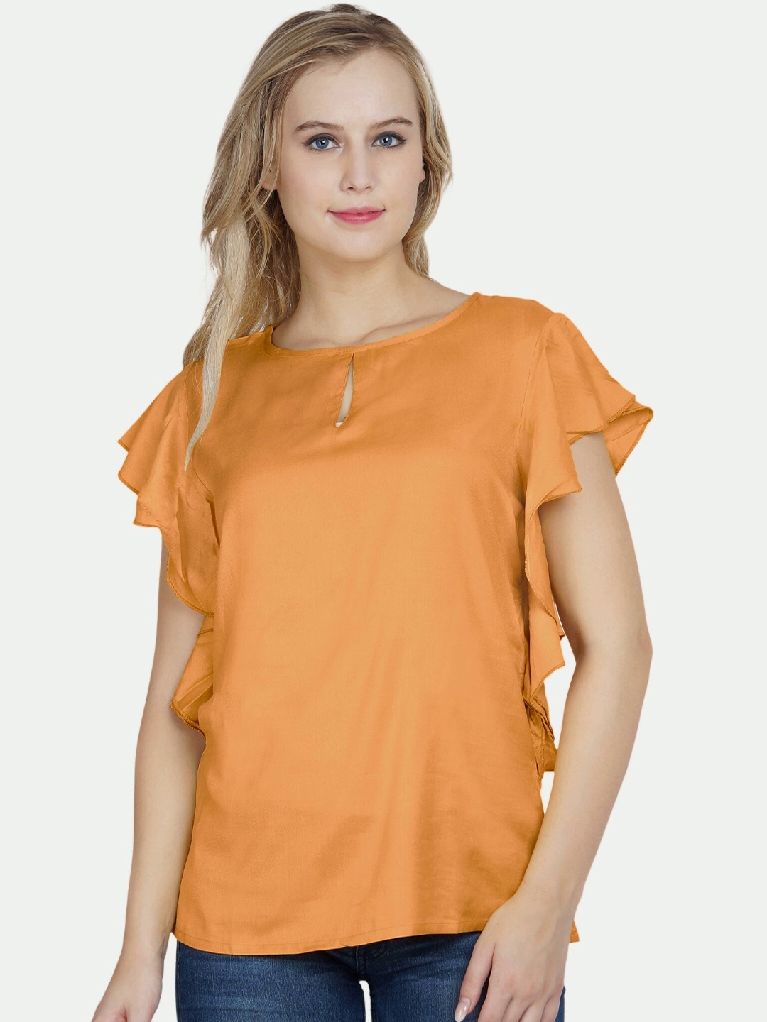 

PATRORNA Women Peach-Coloured Keyhole Neck Ruffles Top