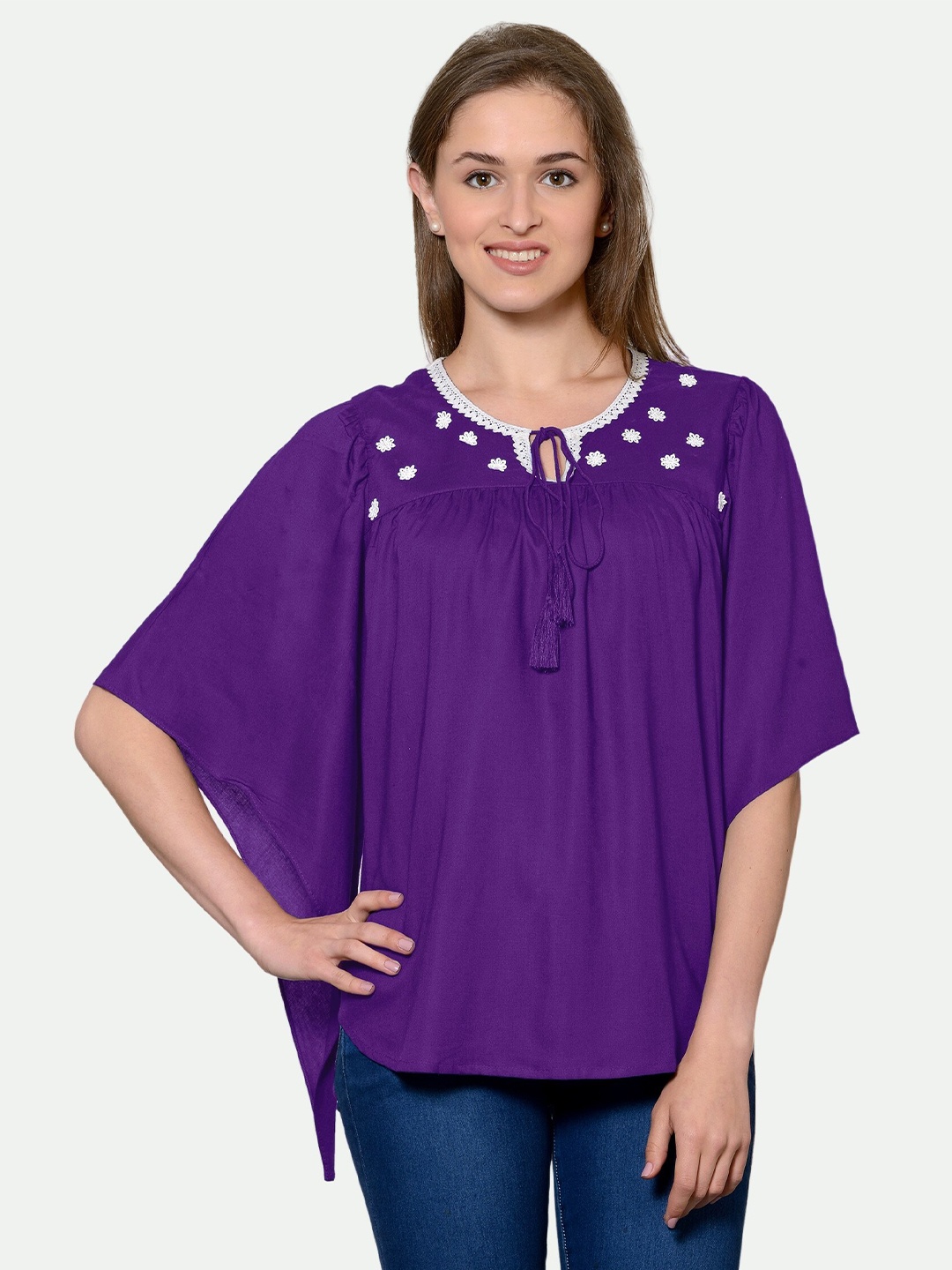 

PATRORNA Women Purple Solid Tie-Up Neck Top