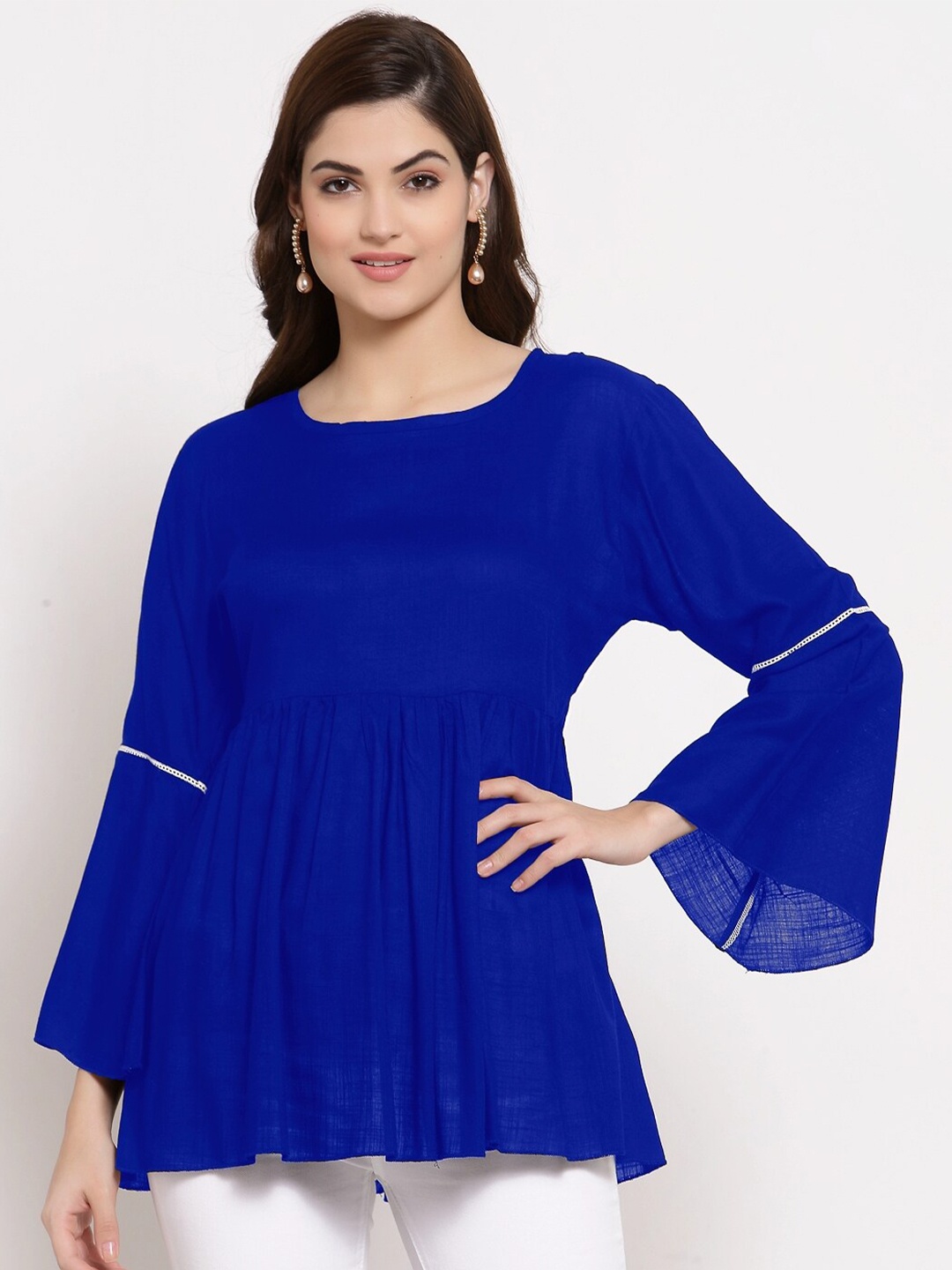 

PATRORNA Women Blue Bell Sleeve Peplum Top