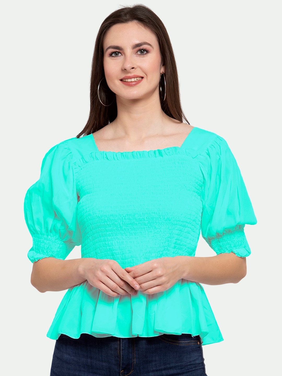 

PATRORNA Women Smocked Peplum Top, Sea green