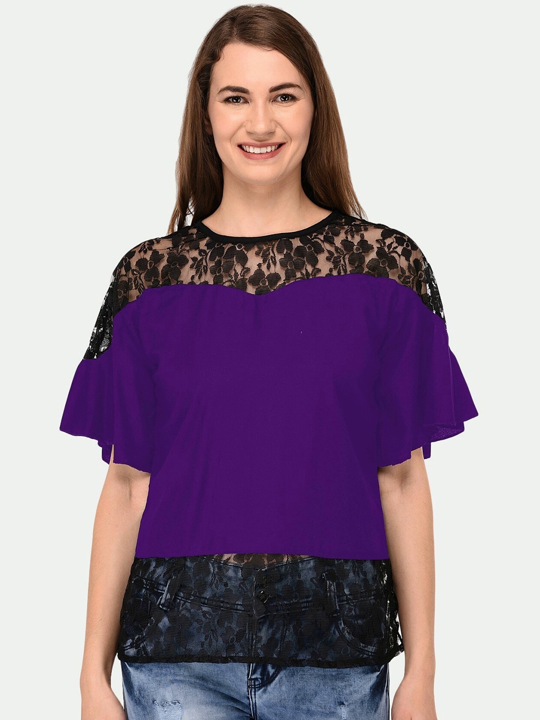 

PATRORNA Women Purple & Black Round Neck Flared Sleeves Top