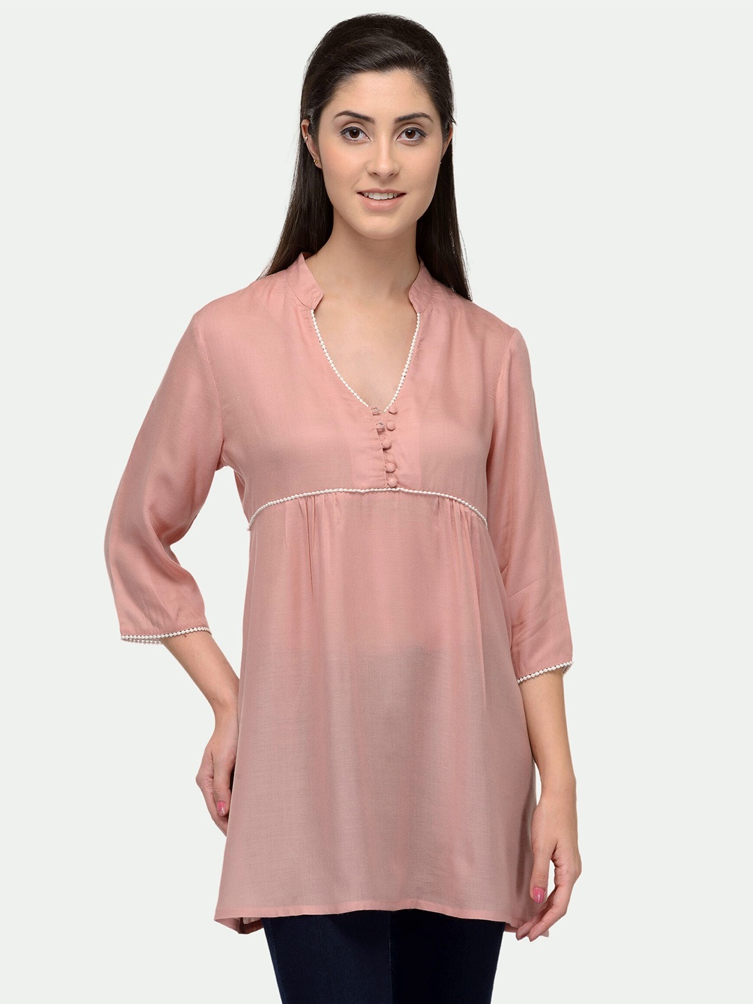 

PATRORNA Women Mandarin Collar Top, Peach