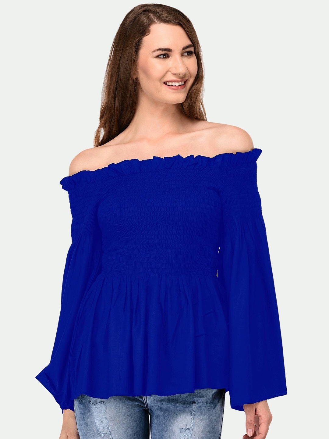 

PATRORNA Women Off-Shoulder Bardot Top, Blue