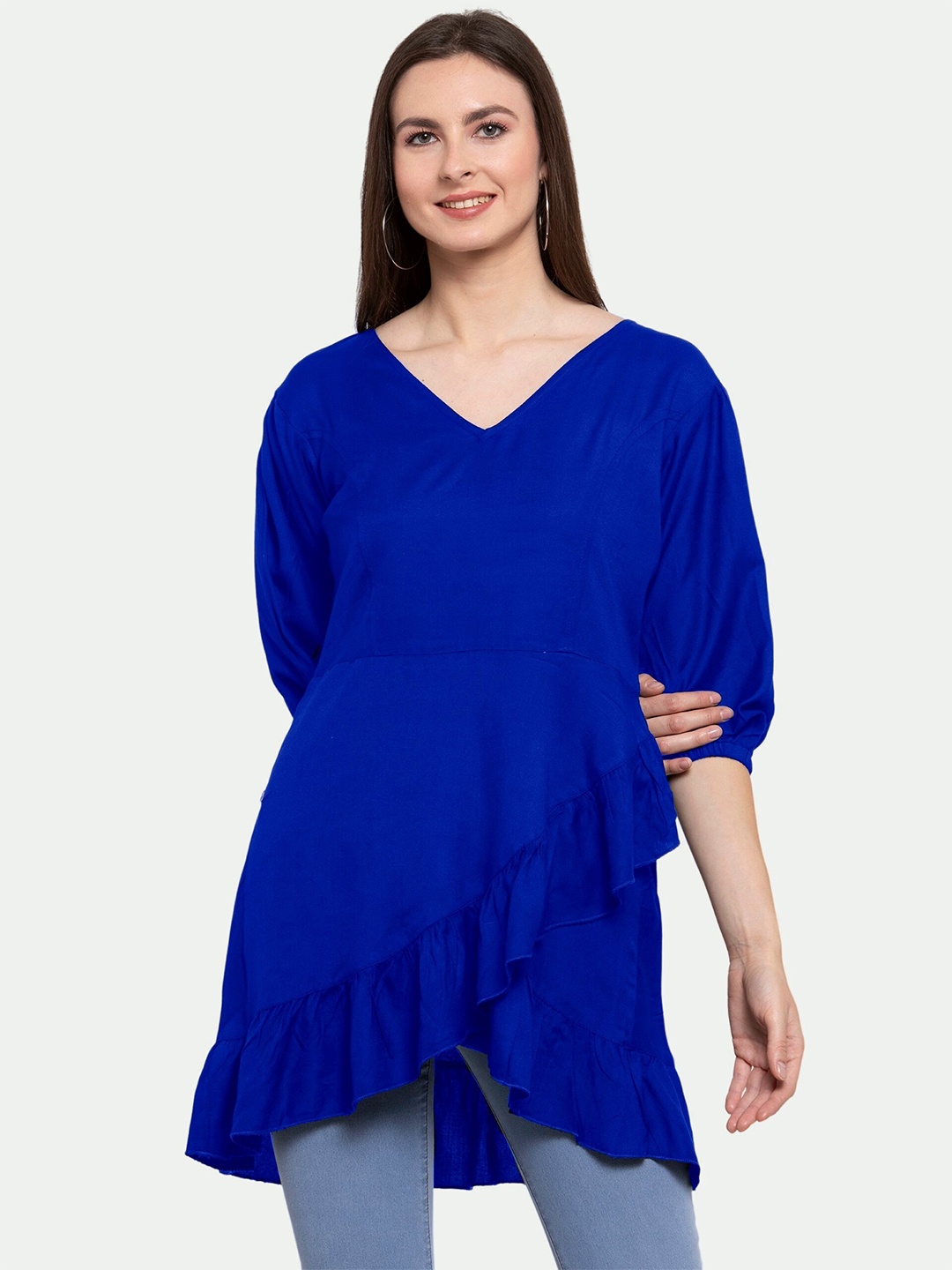 

PATRORNA Women Blue Ruffles High-Low Longline Top