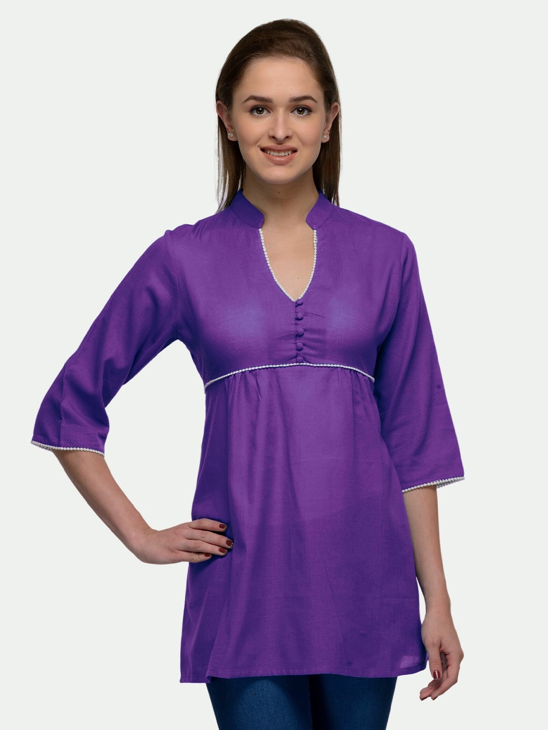 

PATRORNA Plus Size Women Purple Mandarin Collar Empire Longline Top