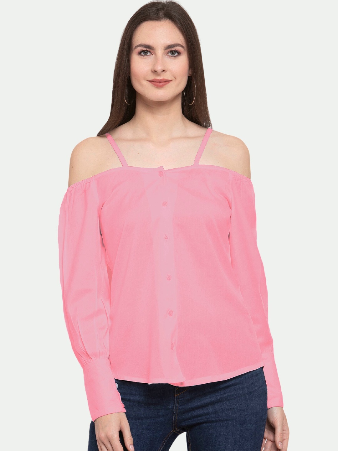 

PATRORNA Plus Size Women Pink Shoulder Strap Long Sleeves Bardot Top