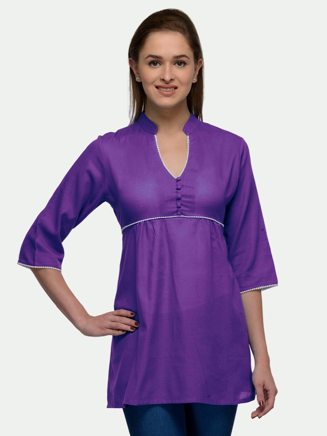 

PATRORNA Plus Size Women Purple Mandarin Collar Empire Longline Top