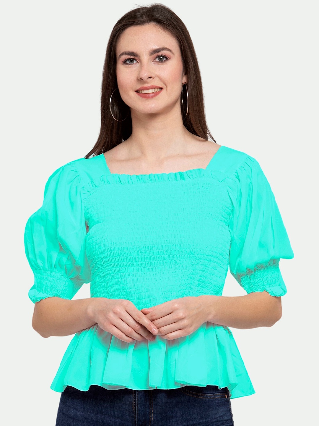 

PATRORNA Plus Size Sea Green Smocked Square Neck Puff Sleeves Peplum Top