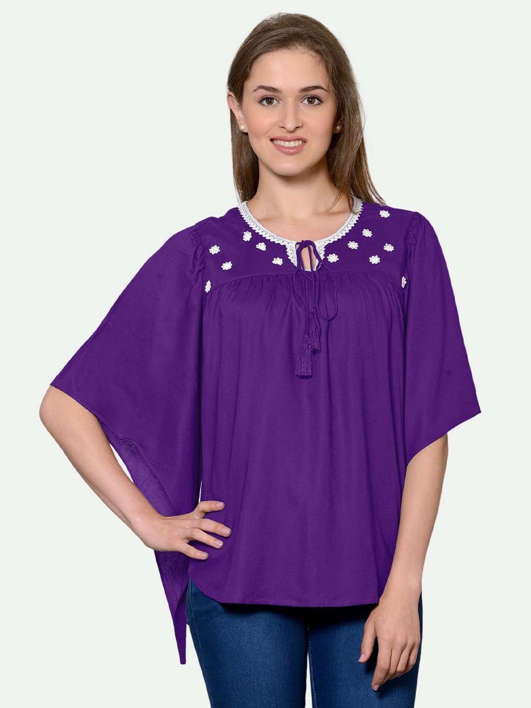

PATRORNA Plus Size Women Purple Tie Up Neck Floral Lace Detail Top