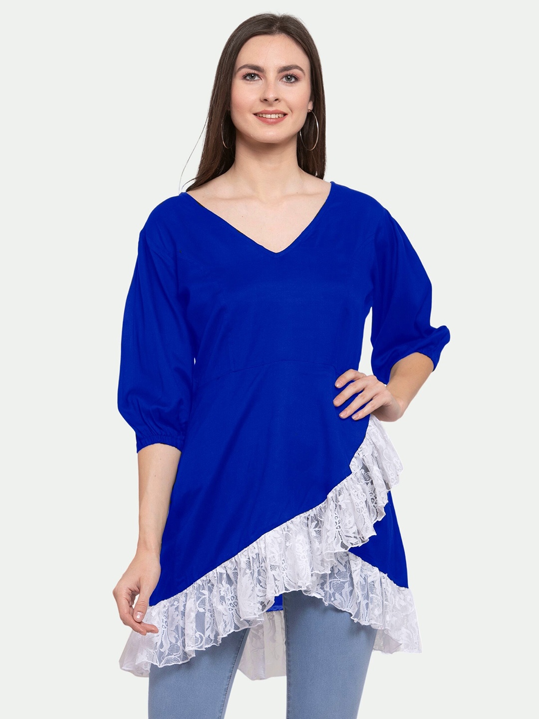

PATRORNA Plus Size Blue And White Lace Detail High-Low Longline Top