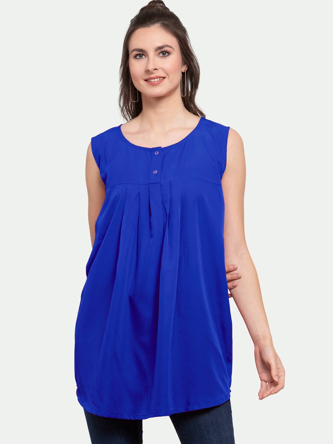 

PATRORNA Plus Size Women Blue Accordion Pleats Henley Neck Sleeveless Top