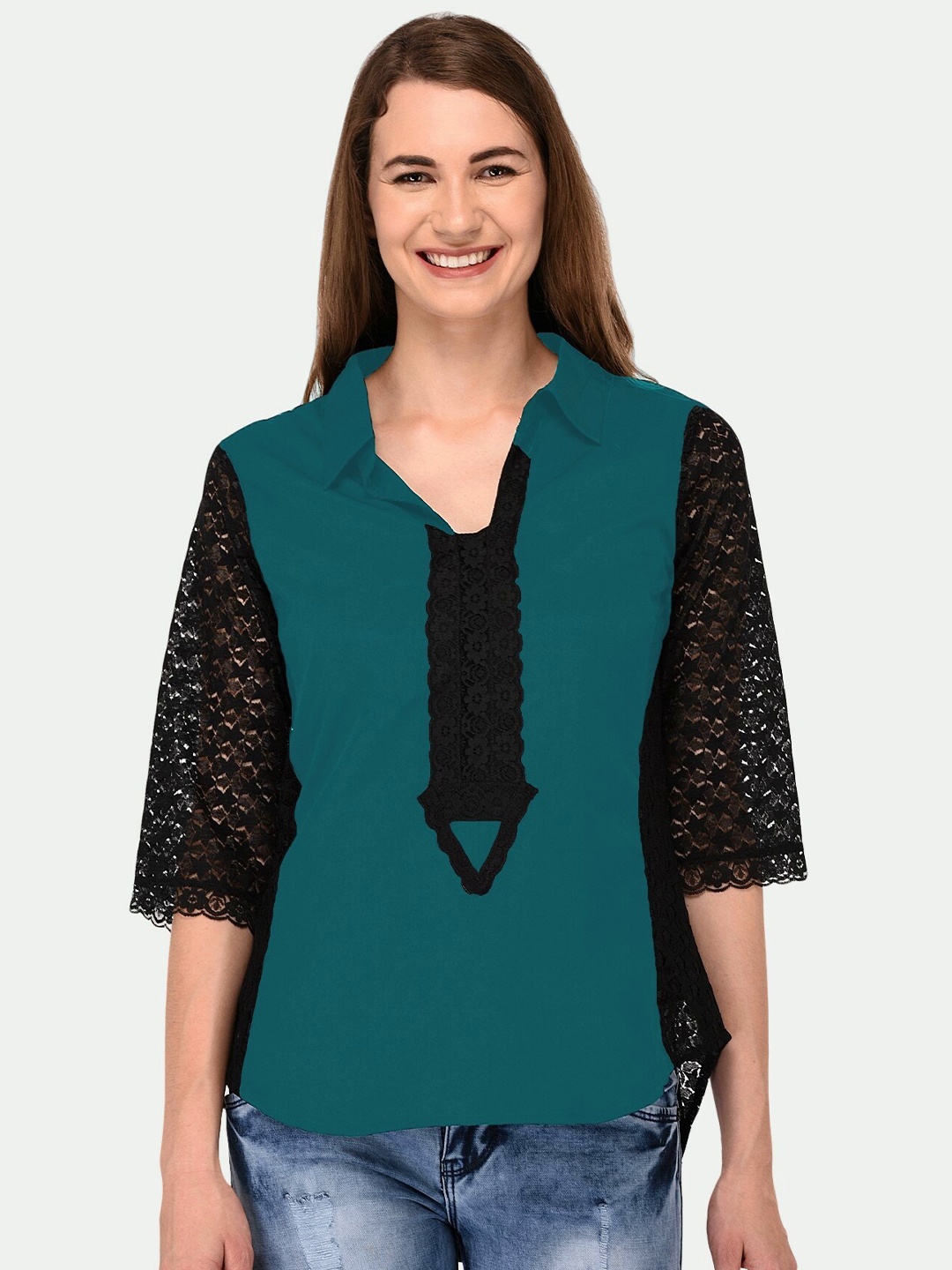 

PATRORNA Women Plus Size Teal Solid Lace Top
