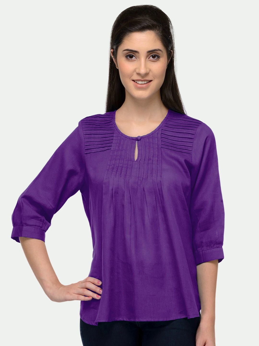 

PATRORNA Plus Size Women Purple Keyhole Neck Pleated Top