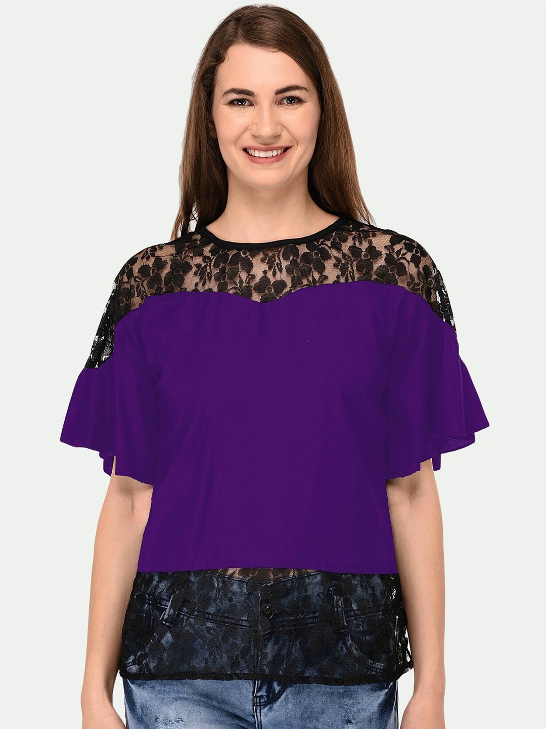 

PATRORNA Purple & Black Solid Lace Top