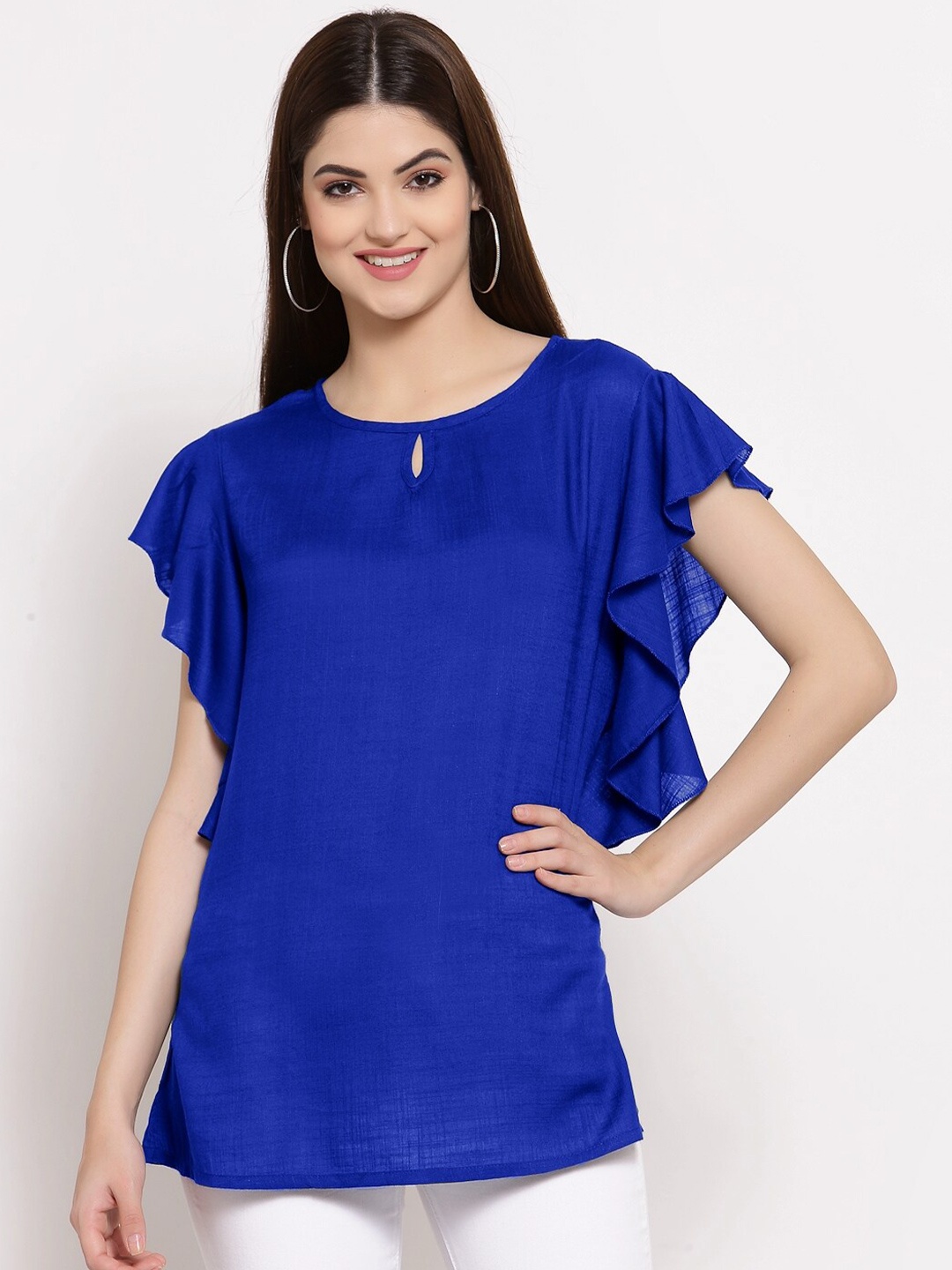 

PATRORNA Plus Size Women Blue Keyhole Neck Ruffles Top