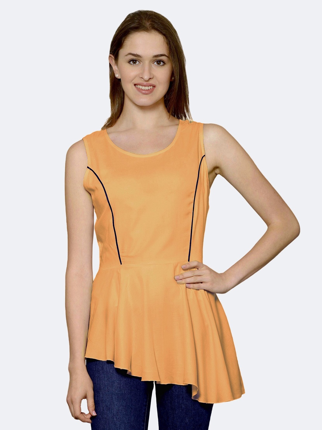 

PATRORNA Plus Size Women Peach Twisted Sleeveless Asymmetric Hem Peplum Top