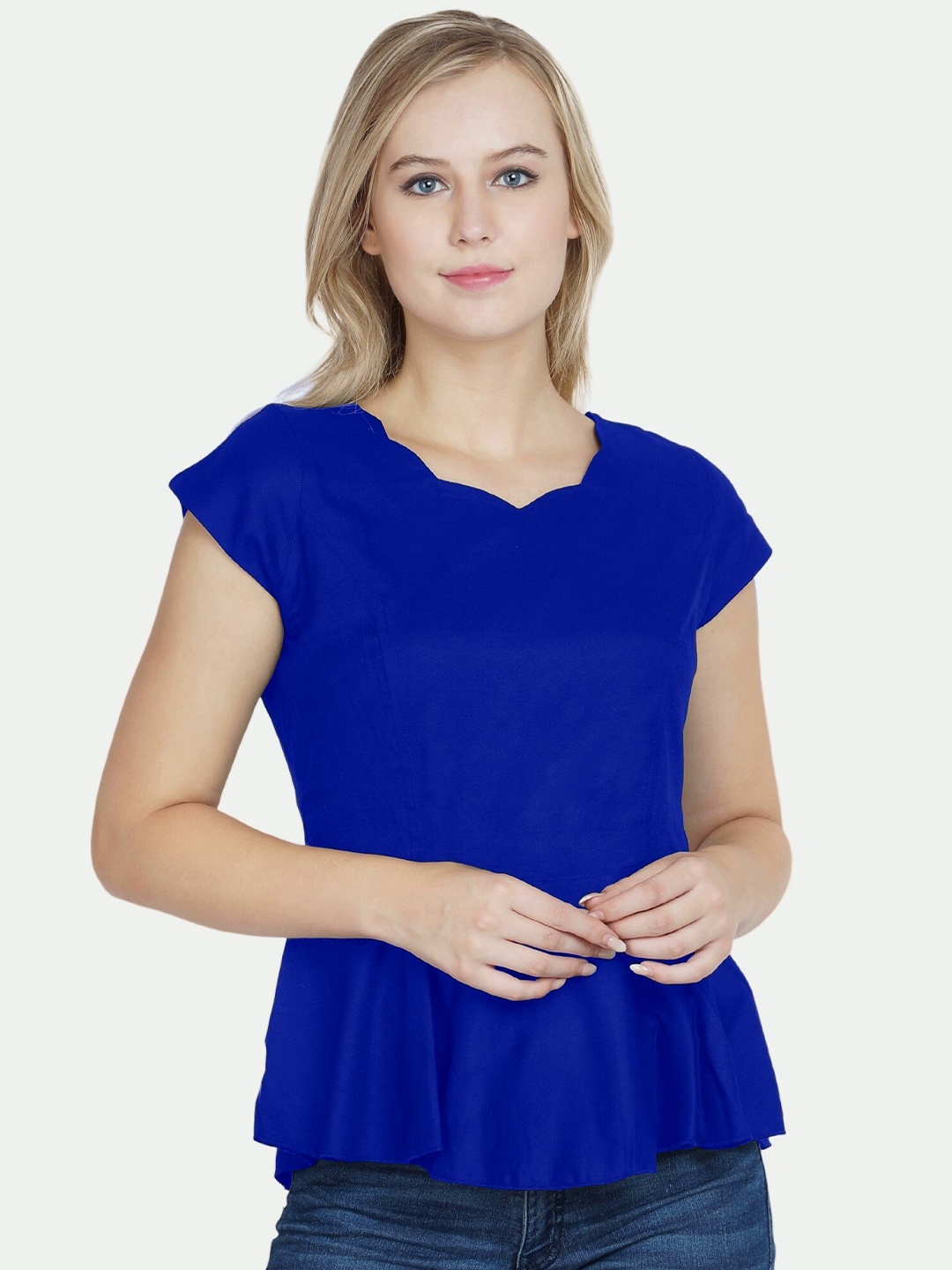 

PATRORNA Plus Size Women Blue Accordion Pleats Peplum Top